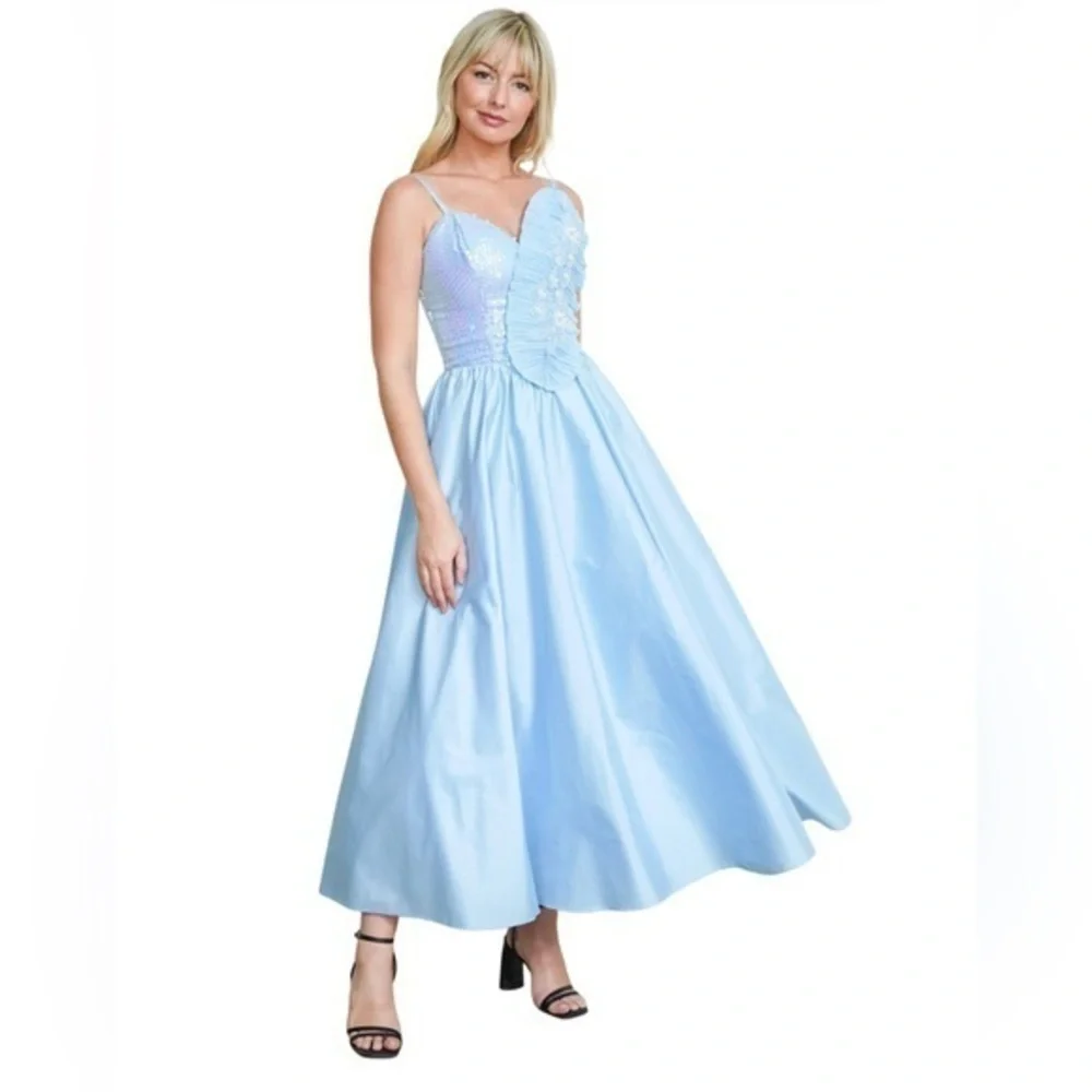 Alyce Designs 70s Vintage Sequin Blue Gown Sweetheart Neckline Tulle Lined - Picture 12 of 12